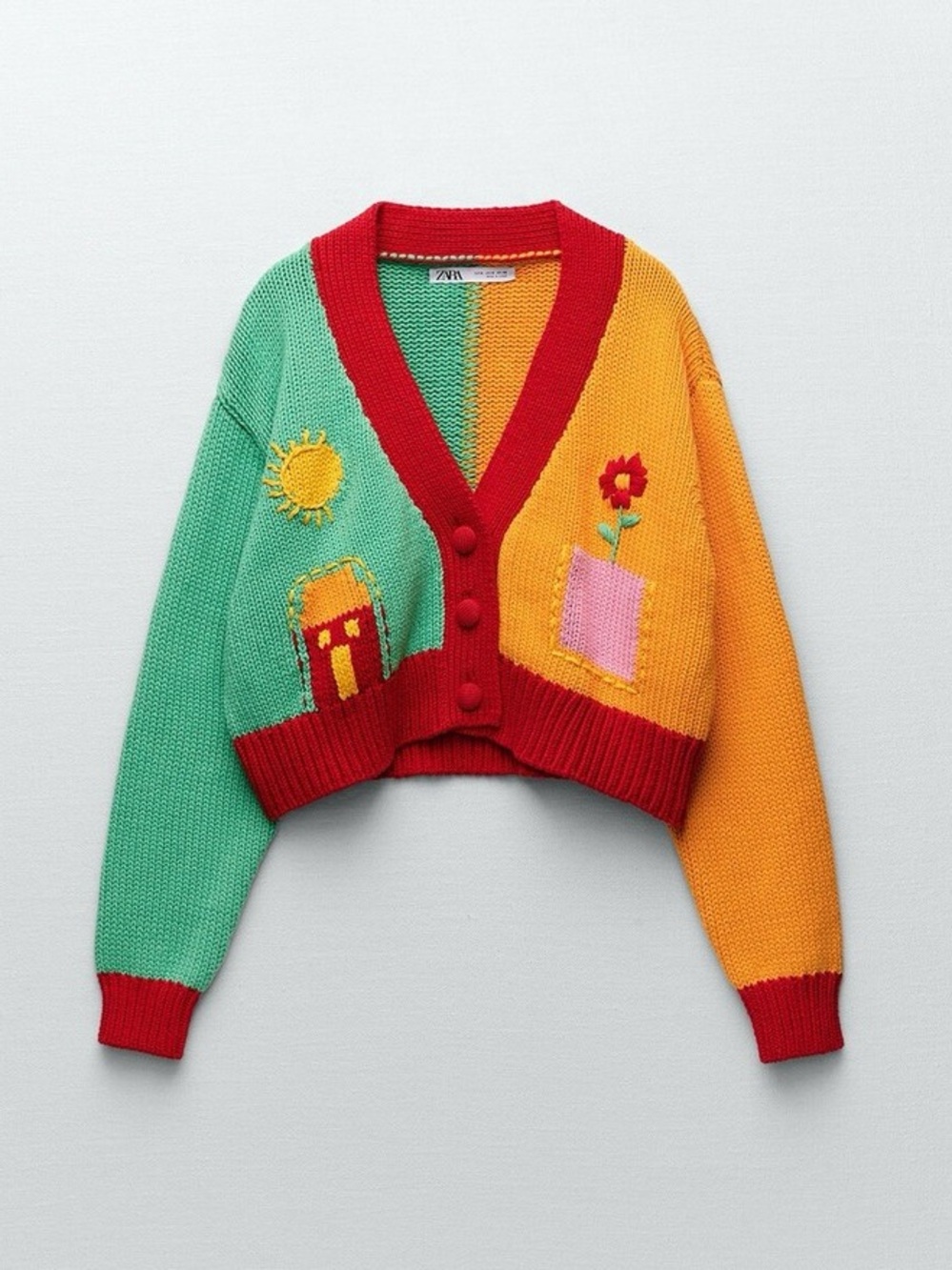 ZARA ILLUSTRATED KNIT colorful cotton cropped cardigan Small